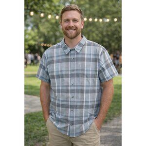 Travis Mathew Plaid Short sleeve Shirt Men's size XXL Blue/Grey